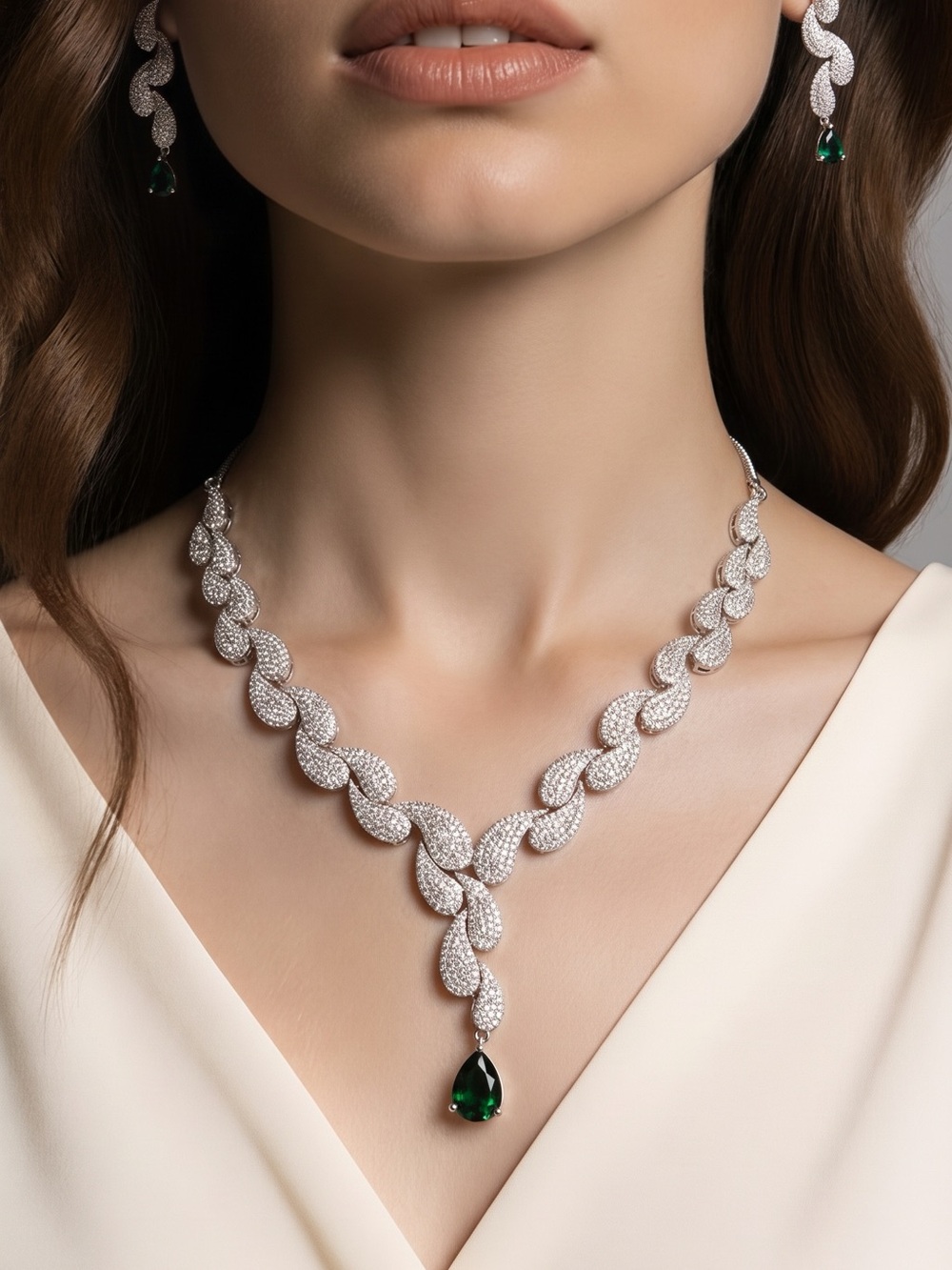 Emerald Tone Teardrop Pavé Necklace set and Earring Set - Women Jewelry